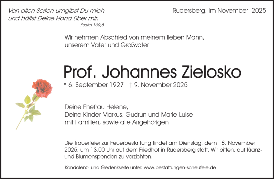 Traueranzeige von Johannes Zielosko von Waiblinger Kreiszeitung