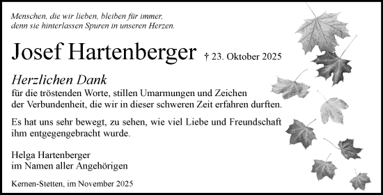 Traueranzeige von Josef Hartenberger von Waiblinger Kreiszeitung