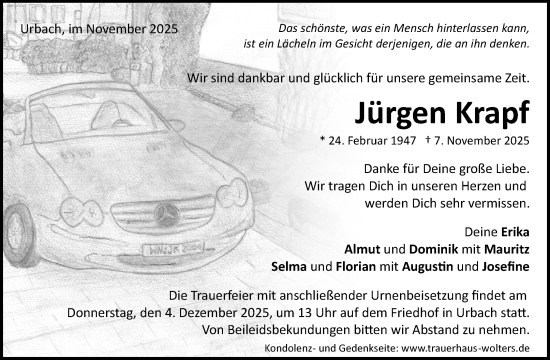 Traueranzeige von Jürgen Krapf von Waiblinger Kreiszeitung