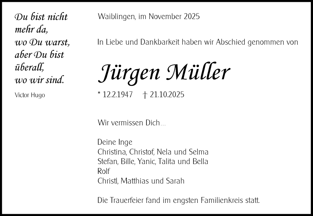  Traueranzeige für Jürgen Müller vom 05.11.2025 aus Waiblinger Kreiszeitung