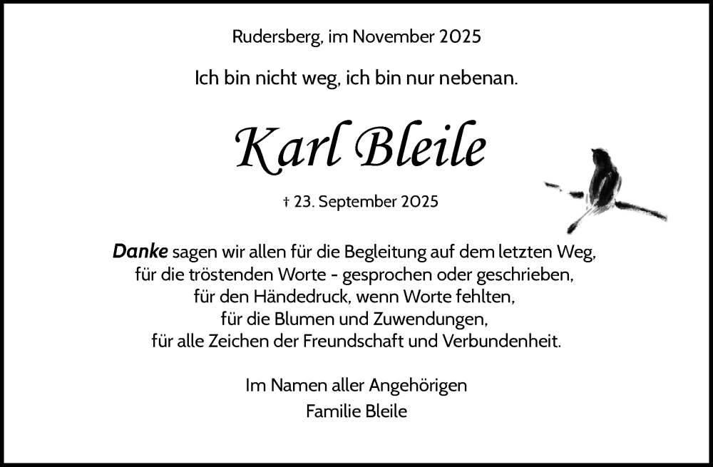  Traueranzeige für Karl Bleile vom 08.11.2025 aus Waiblinger Kreiszeitung