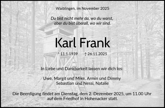 Traueranzeige von Karl Frank von Waiblinger Kreiszeitung