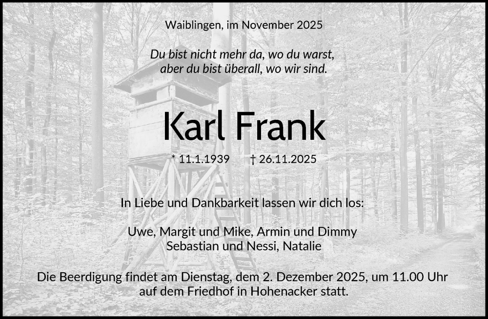  Traueranzeige für Karl Frank vom 28.11.2025 aus Waiblinger Kreiszeitung