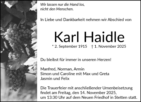 Traueranzeige von Karl Haidle von Waiblinger Kreiszeitung