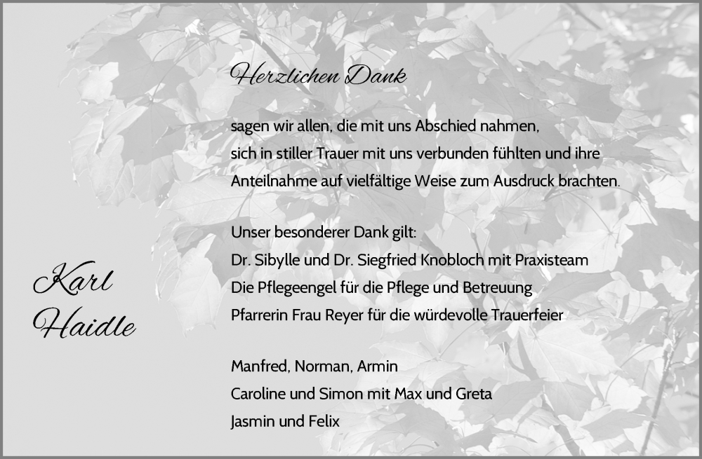  Traueranzeige für Karl Haidle vom 22.11.2025 aus Waiblinger Kreiszeitung