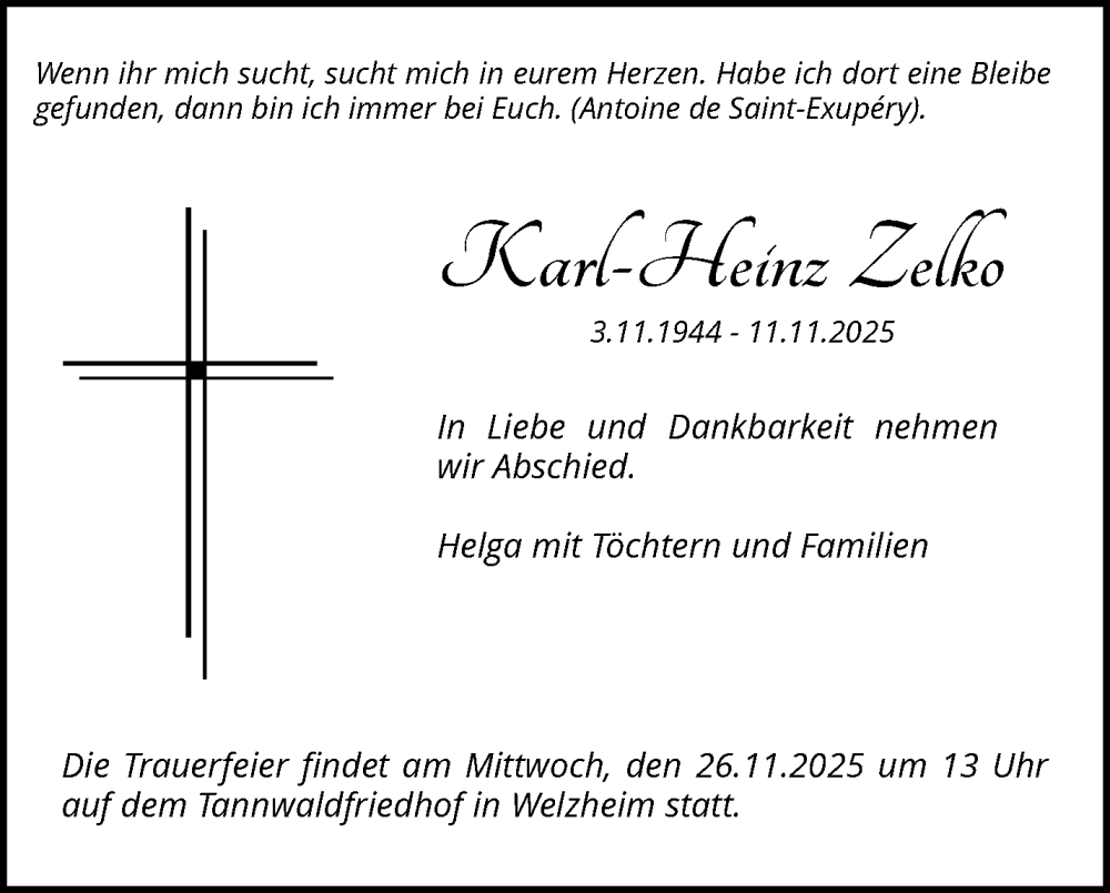  Traueranzeige für Karl-Heinz Zelko vom 22.11.2025 aus Waiblinger Kreiszeitung