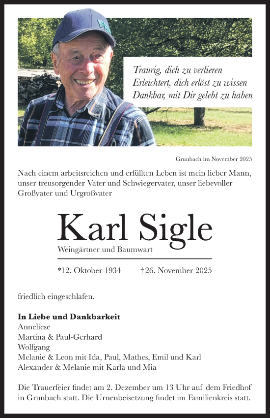 Traueranzeige von Karl Sigle von Waiblinger Kreiszeitung