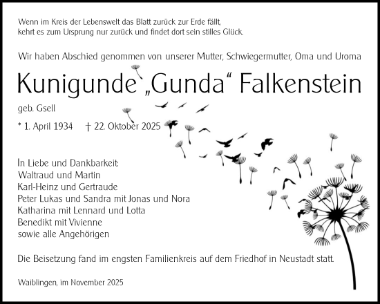 Traueranzeige von Kunigunde Falkenstein von Waiblinger Kreiszeitung