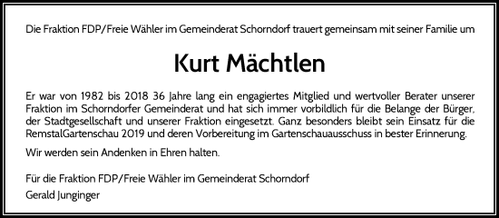 Traueranzeige von Kurt Mächtlen von Waiblinger Kreiszeitung