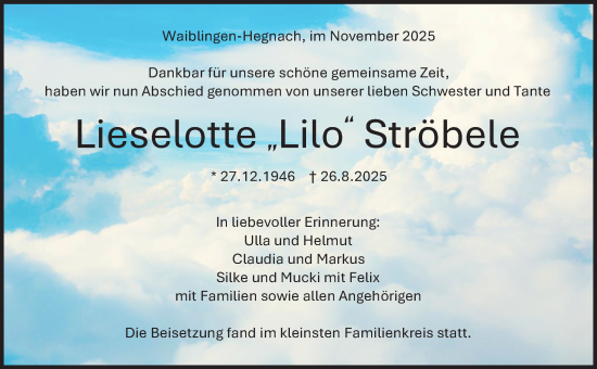 Traueranzeige von Lieselotte Ströbele von Waiblinger Kreiszeitung