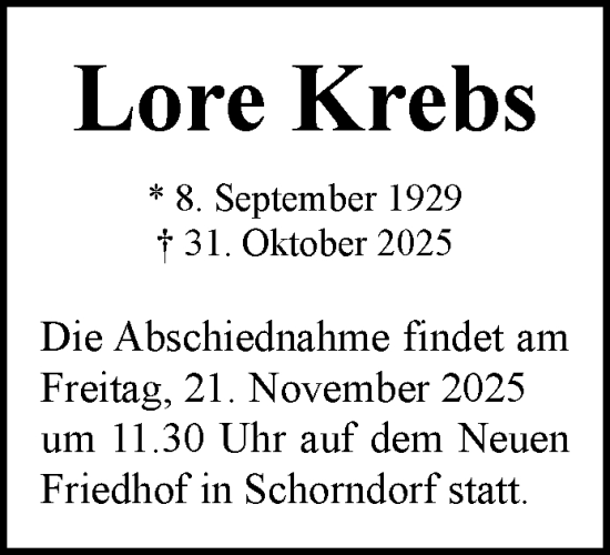 Traueranzeige von Lore Krebs von Waiblinger Kreiszeitung