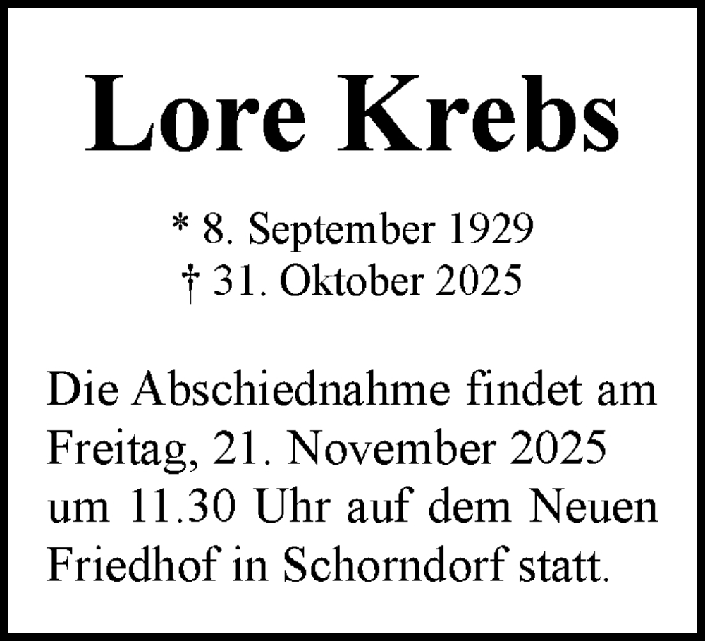  Traueranzeige für Lore Krebs vom 17.11.2025 aus Waiblinger Kreiszeitung