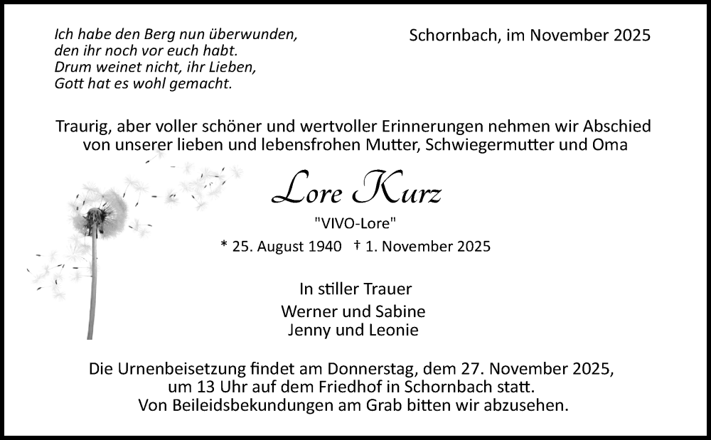  Traueranzeige für Lore Kurz vom 21.11.2025 aus Waiblinger Kreiszeitung