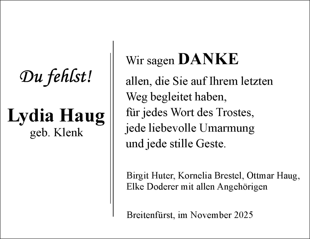  Traueranzeige für Lydia Haug vom 17.11.2025 aus Waiblinger Kreiszeitung
