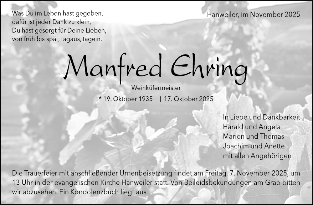  Traueranzeige für Manfred Ehring vom 03.11.2025 aus Waiblinger Kreiszeitung