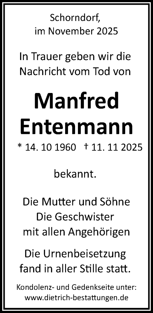 Traueranzeige von Manfred Entenmann von Waiblinger Kreiszeitung
