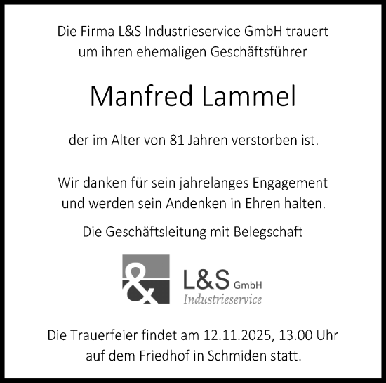 Traueranzeige von Manfred Lammel von Waiblinger Kreiszeitung