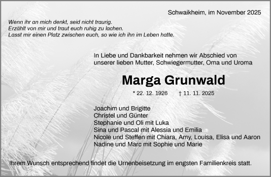 Traueranzeige von Marga Grunwald von Waiblinger Kreiszeitung