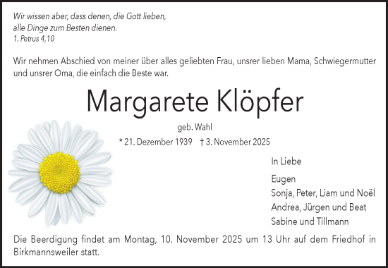Traueranzeige von Margarete Klöpfer von Waiblinger Kreiszeitung