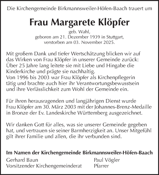 Traueranzeige von Margarete Klöpfer von Waiblinger Kreiszeitung
