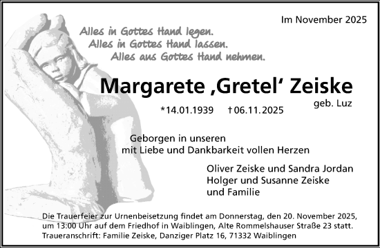 Traueranzeige von Margarete Zeiske von Waiblinger Kreiszeitung