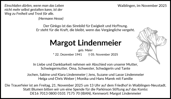 Traueranzeige von Margot Lindenmeier von Waiblinger Kreiszeitung