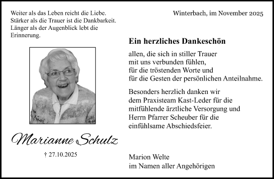 Traueranzeige von Marianne Schulz von Waiblinger Kreiszeitung