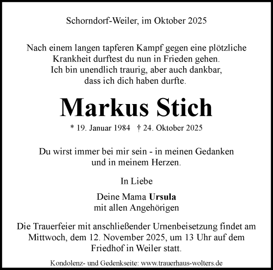 Traueranzeige von Markus Stich von Waiblinger Kreiszeitung