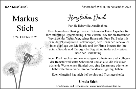 Traueranzeige von Markus Stich von Waiblinger Kreiszeitung