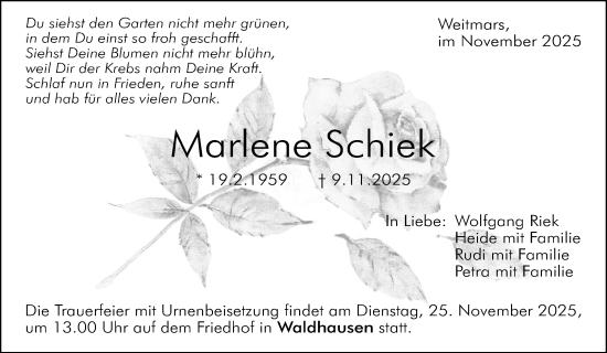 Traueranzeige von Marlene Schiek von Waiblinger Kreiszeitung
