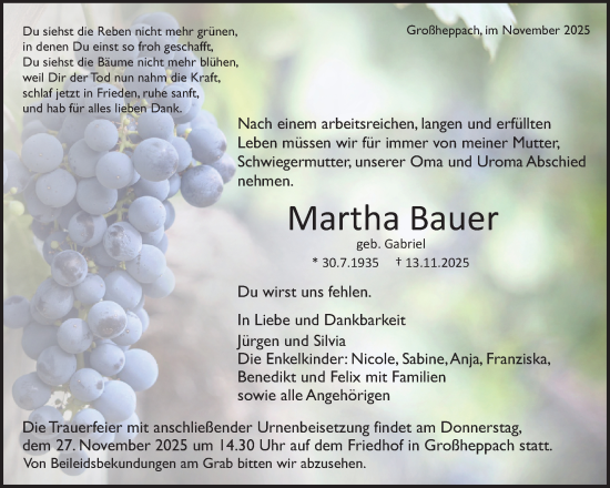 Traueranzeige von Martha Bauer von Waiblinger Kreiszeitung