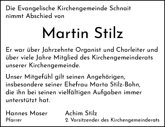 Traueranzeige von Martin Stilz von Waiblinger Kreiszeitung