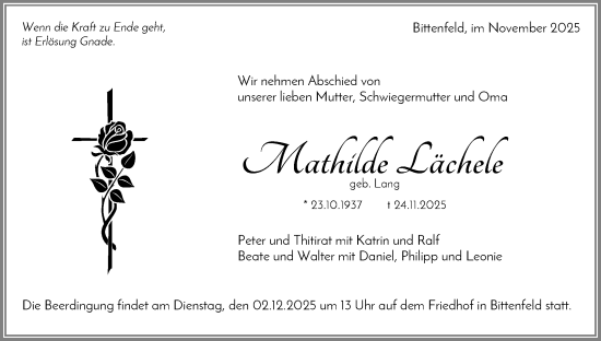 Traueranzeige von Mathilde Lächele von Waiblinger Kreiszeitung