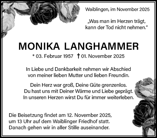 Traueranzeige von Monika Langhammer von Waiblinger Kreiszeitung