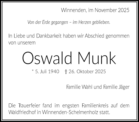 Traueranzeige von Oswald Munk von Waiblinger Kreiszeitung