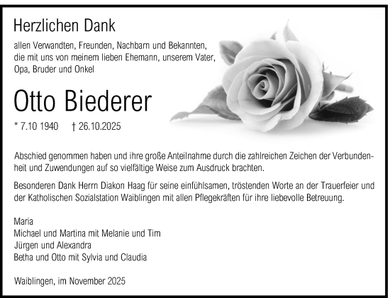 Traueranzeige von Otto Biederer von Waiblinger Kreiszeitung