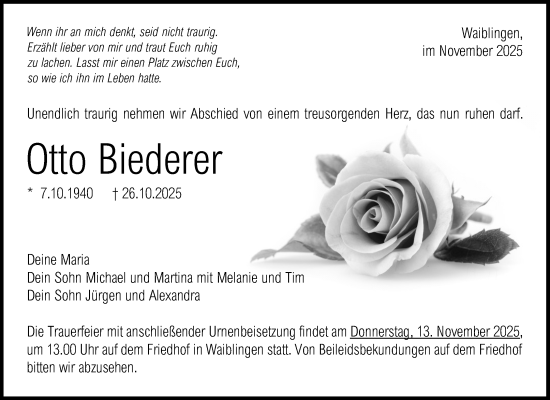 Traueranzeige von Otto Biederer von Waiblinger Kreiszeitung