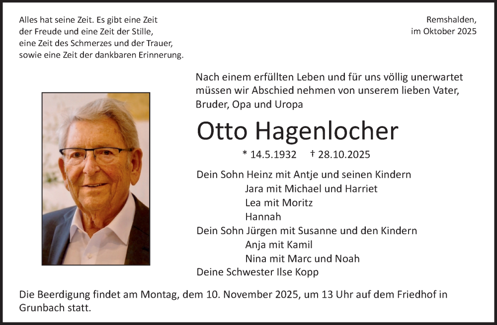  Traueranzeige für Otto Hagenlocher vom 06.11.2025 aus Waiblinger Kreiszeitung