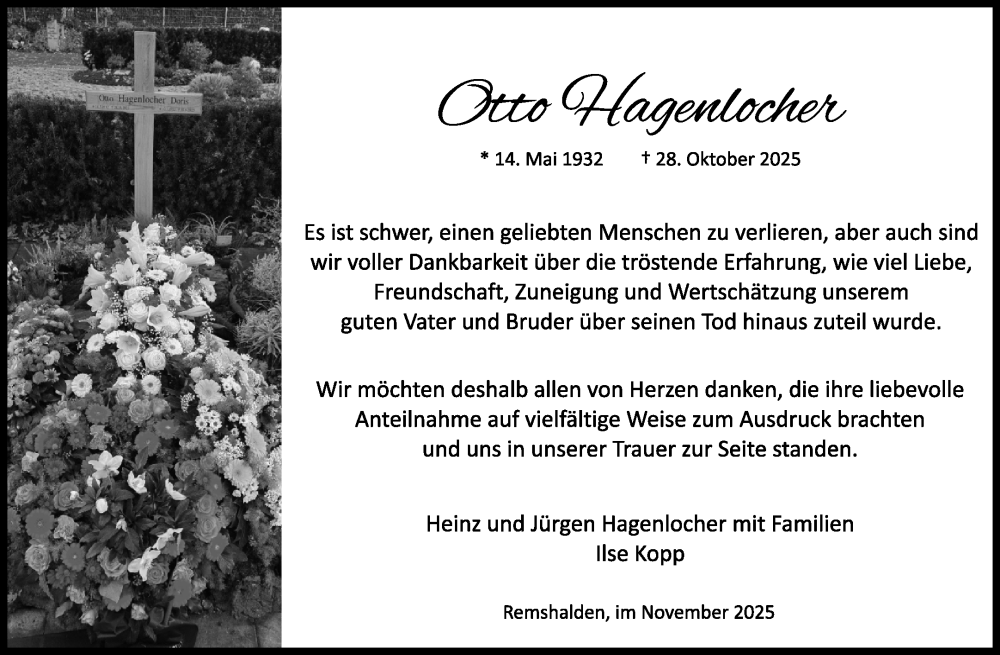  Traueranzeige für Otto Hagenlocher vom 22.11.2025 aus Waiblinger Kreiszeitung