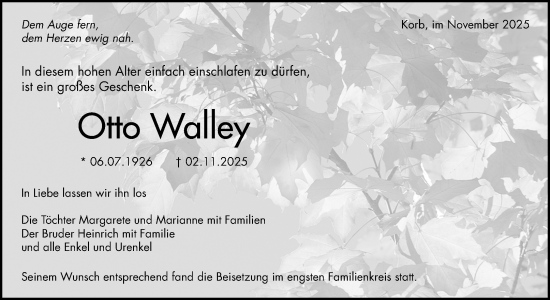 Traueranzeige von Otto Walley von Waiblinger Kreiszeitung