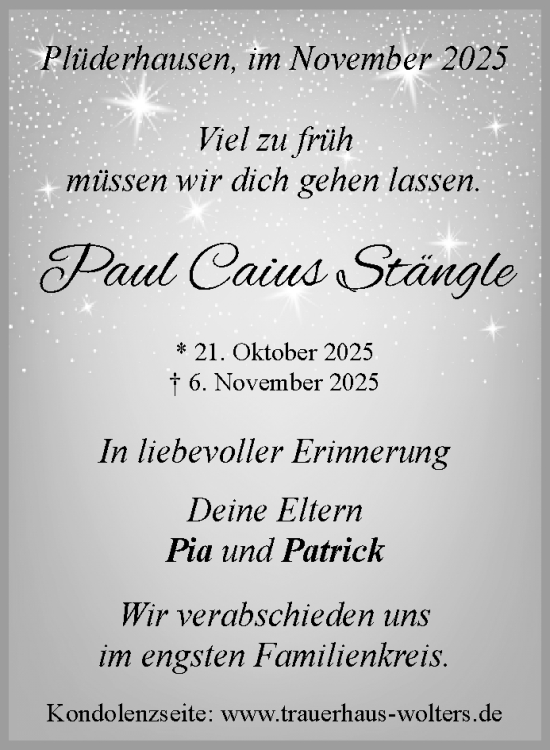 Traueranzeige von Paul Caius Stängle von Waiblinger Kreiszeitung