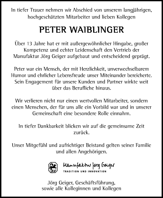 Traueranzeige von Peter Waiblinger von Waiblinger Kreiszeitung