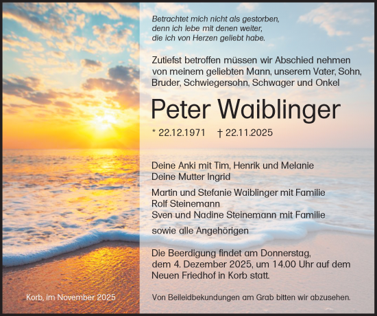 Traueranzeige von Peter Waiblinger von Waiblinger Kreiszeitung