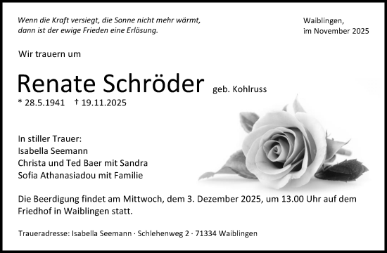 Traueranzeige von Renate Schröder von Waiblinger Kreiszeitung