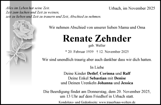 Traueranzeige von Renate Zehnder von Waiblinger Kreiszeitung