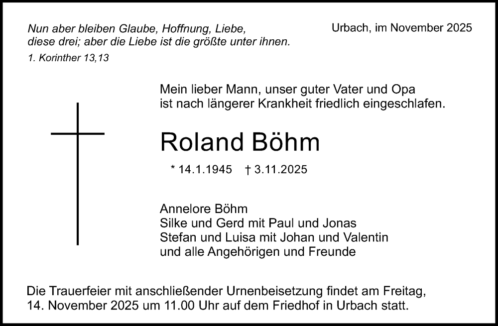  Traueranzeige für Roland Böhm vom 08.11.2025 aus Waiblinger Kreiszeitung