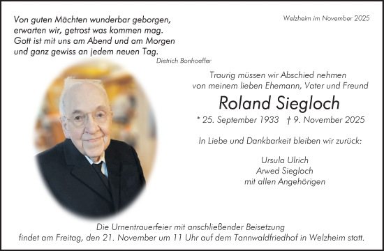 Traueranzeige von Roland Siegloch von Waiblinger Kreiszeitung