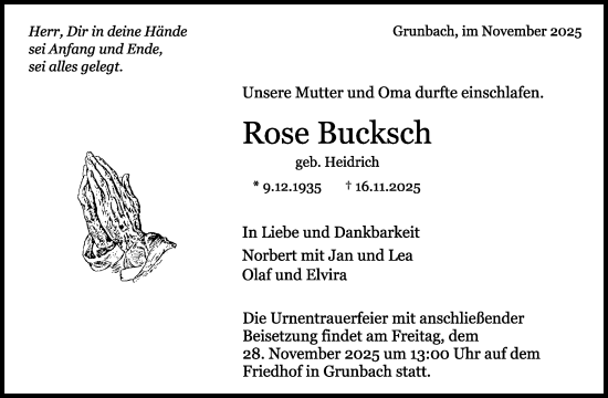 Traueranzeige von Rose Bucksch von Waiblinger Kreiszeitung