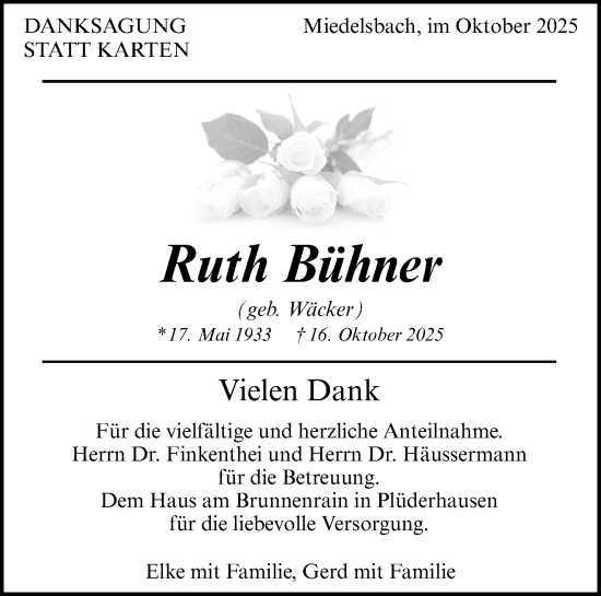 Traueranzeige von Ruth Bühner von Waiblinger Kreiszeitung