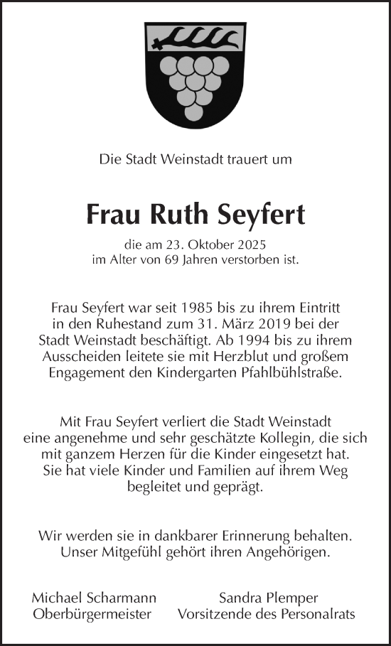Traueranzeige von Ruth Seyfert von Waiblinger Kreiszeitung